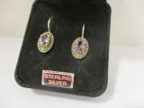 Pair of Sterling Marcasite Hook Earrings with Amethyst Stone