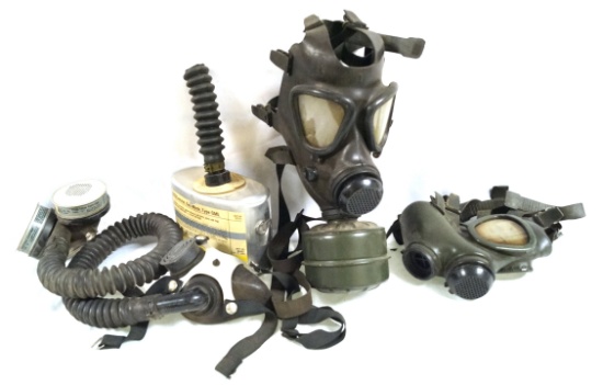 2 German Drager M65 Gas Masks, MSA Combo Respirator, and MSA Canister Filter