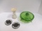 Belleek Vase, Green Glass Footed Candy Dish and Two Black Jasper Ware Wedgwood Ashtrays