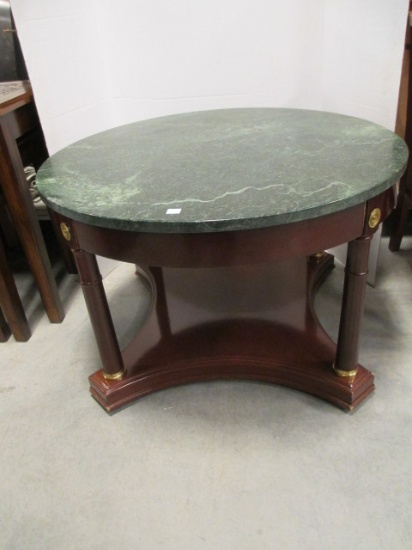 Round Wood Coffee Table with Green Marble Top