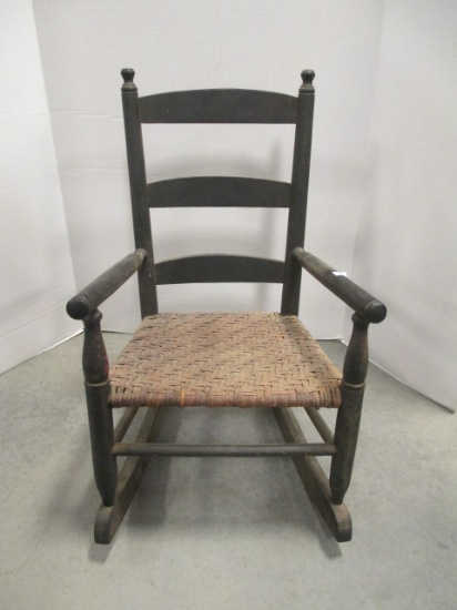 Vintage Painted Black Wood Child's Rocker with Woven Seat