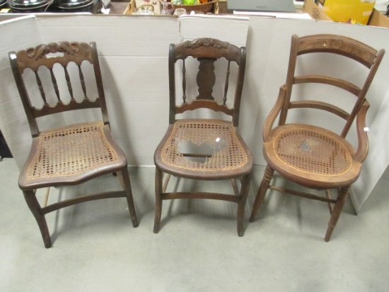 Three Wood Chairs with Cane Bottom