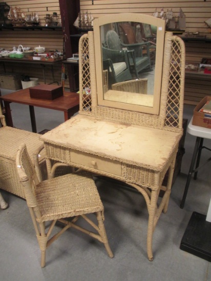 Vintage Wicker Vanity with Mirror and Matching Chair