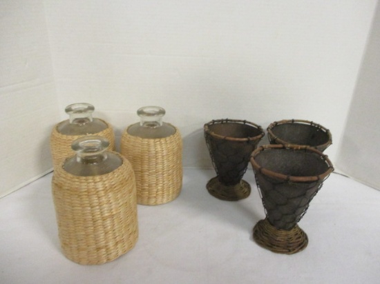 Wire Wrapped Metal Cups and Woven Wrap Bottles