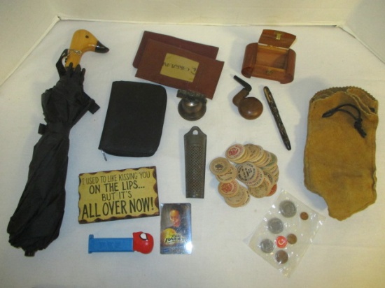 Gentleman's Lot: Wooden Nickels, Small Pipe, Umbrella, Wallets, Fountain Pin etc