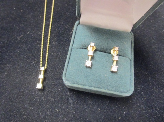 Beautiful 10K Gold 3 Diamond Pendant on 14k Gold 18" Chain and 10k Gold Matching Diamond Earrings