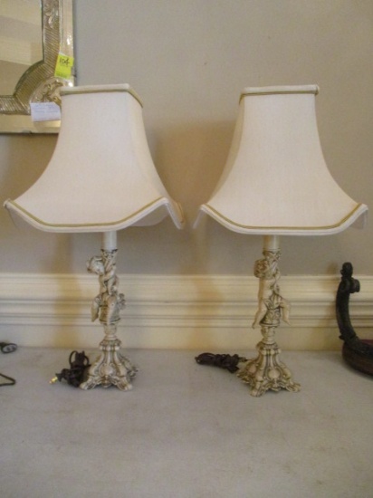 Pair Figurative Lamps Early 1900's Rewired New Silk Shades