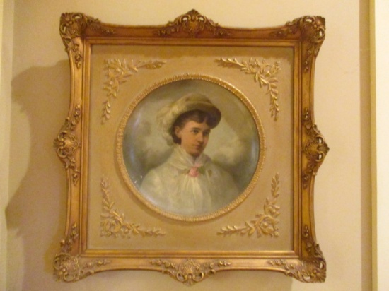 19th Century Oil Portrait on Concave Paper Mache Backing in Ornate