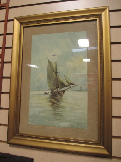 Original Signed 1911 Sailboat Watercolor Artwork