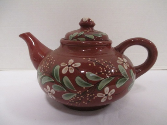 Brown Pottery Tea Pot with Flower Design