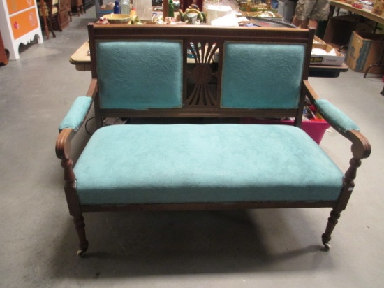 Vintage Wood Bench with Upholstered Seat/Back with Casters