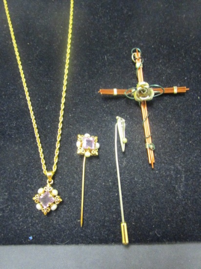 2 Vintage Stick Pins, Necklace & Cross Pendant