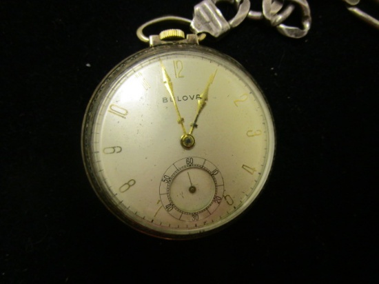 Bulova 10k Rolled Gold Plate-Sterling Base Pocketwatch on Sterling Figaro Chain