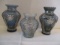 Three Hand Blown Glass Vases with Decorative Metal Overlay