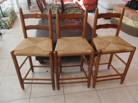 Three Ladder Back Bar Chairs with Rush Seats