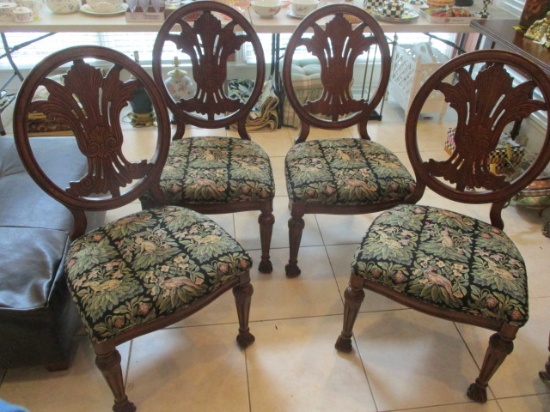 Four Wood Wheat Design Balloon Back Chairs with Upholstered Seats