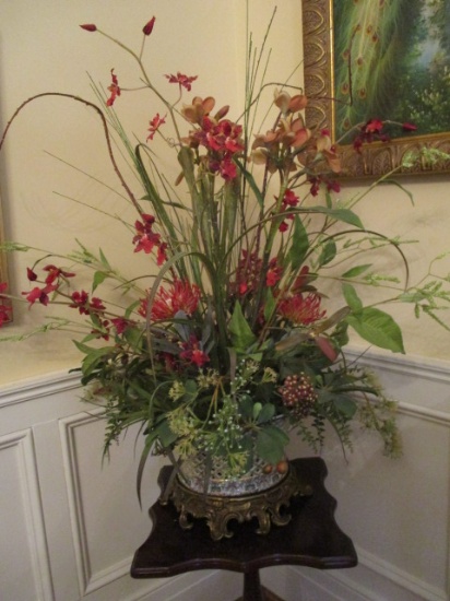 Very Nice Faux Floral Arrangement in a Ceramic Lattice Cut Planter and Brass Holder