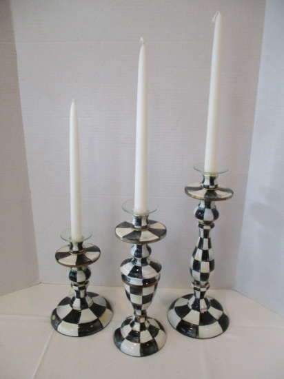 Three Courtly Check Enamelware MacKenzie-Childs Candle Sticks