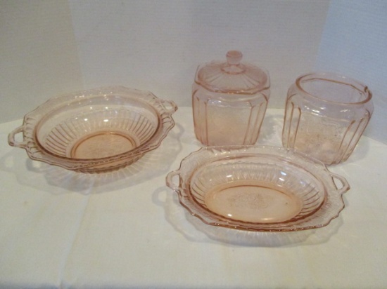 Vintage Pink Depression Glass Mayfair Open Rose Handled Bowls and Biscuit Jars
