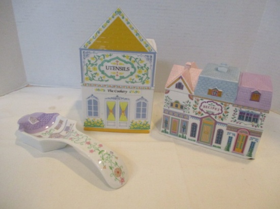 Lenox "The Lenox Village" Spoon Rest, Utensils Canister and Recipes Box