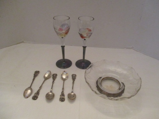 Pair of Goblets With 925 Stems, Crystal Dish with Sterling Base and 800 German Silver Spoons