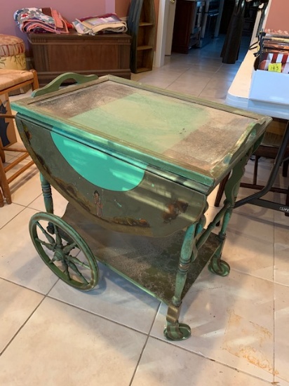 Vintage  Green Lacquered Drop Leaf Tea Cart with Oriental Motifs