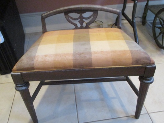 Vintage Wood Carved Back Bench Seat with Upholstered Seat