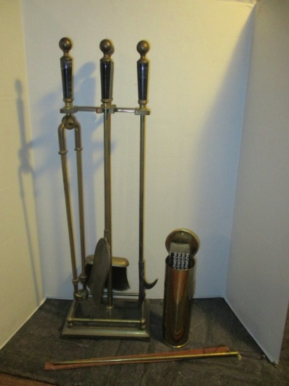 Antique Brass Fireplace Set with Marble Insert Handles and Brass Match Holder