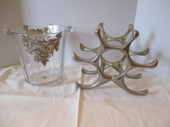 Silvertone Wine Bottle Rack and Arthur Court Ice Bucket with Pewter Applications