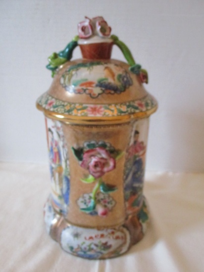 Ginger Jar with Applied Flowers Oriental Motif