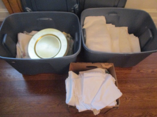 2 Totes of Table Linens and Charger Plates