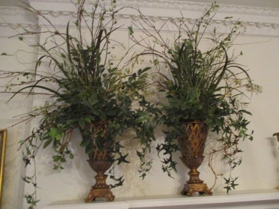 Pair of Metal and Resin Urns with Greenery