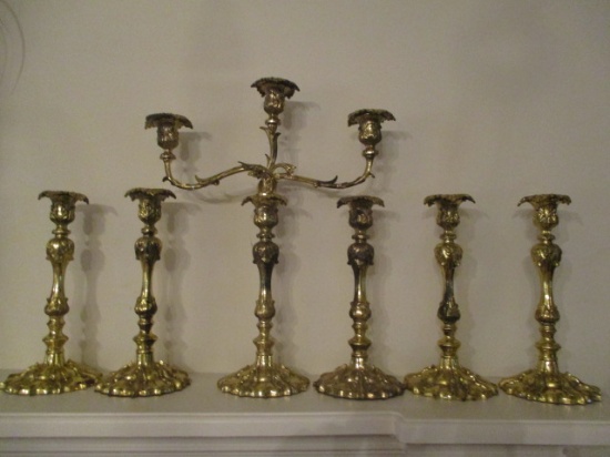 Six Brass Finish Candlesticks and One Candelabra Insert
