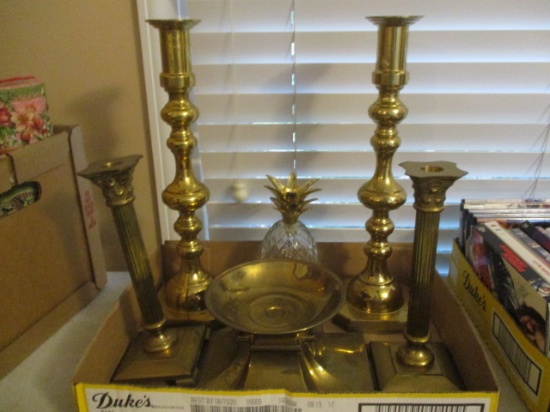 Two Pair of Brass Candlesticks, Brass Pedestal, Glass Pineapple