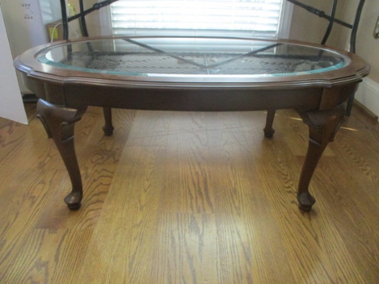 Ethan Allen Wood and Beveled Glass Oval Coffee Table