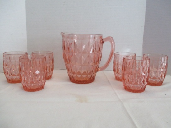 Pink Depression Glass Pitcher with Six Glasses