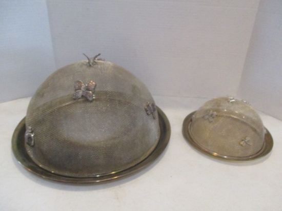 Two Godinger Trays with Mesh Domes with Applied Silverplate Insects
