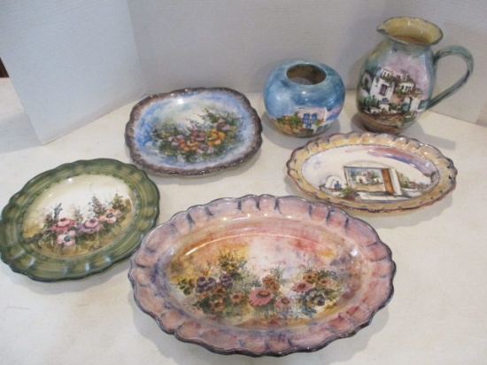 Handmade and Painted in Greece Signed Pottery Plates, Platters, Pitcher and Planter