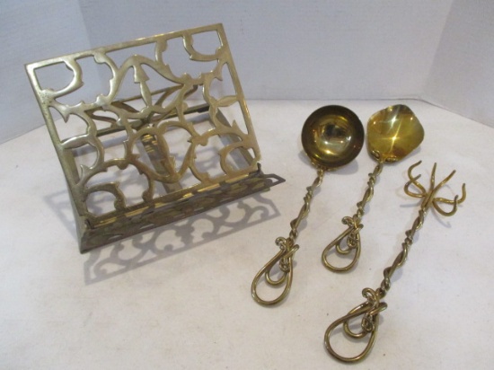 Brass Cookbook Holder and Handmade and Signed Salad Set and Ladle