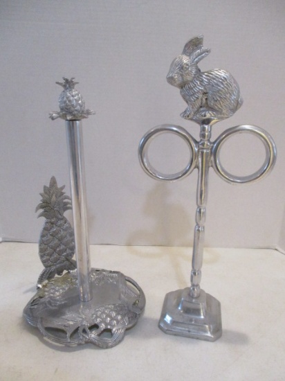 Arthur Court Pineapple Paper Tower Holder and a Pewter Bunny Towel Holder