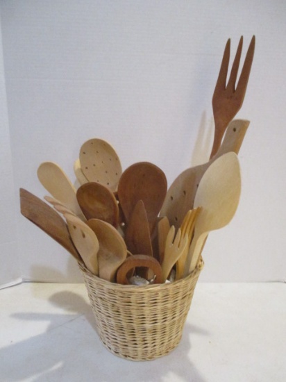 Basket with Wooden Kitchen Tools