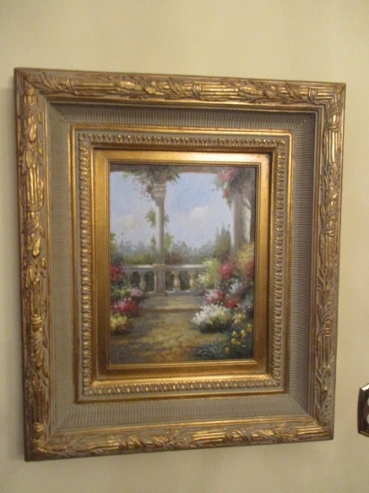 Framed Original Oil on Canvas Outdoor Patio Scene
