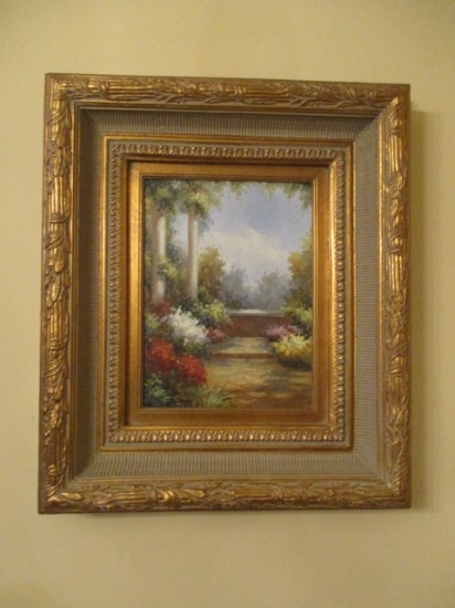 Framed Original Oil on Canvas Garden Scene