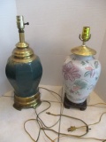 Ceramic Lamp with Wood Base and Painted Green Brass Lamp