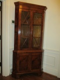 Two Piece Burled Finish Locking Corner Curio with Inlay