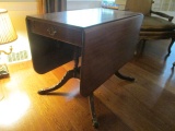 Mahogany Two Drawer Drop Leaf Table with Metal Cap Feet