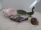 Decorative Peacock, Oriental Fan Trinket Box, Metal and Enamel Trinket Box, Toyo Bowl