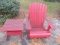 Painted Red Wood Adirondack Style Chair and Side Table