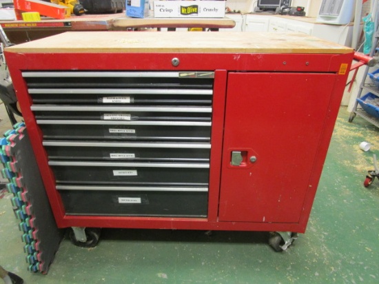 Red Metal Rolling Tool Box with 7 Drawers and 1 Door