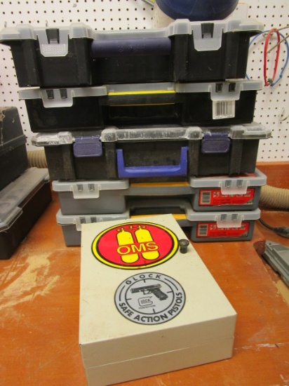 Five Storage Organizers with Contents and Metal Combination Lock Box